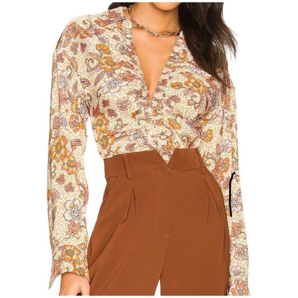 Free People Tops - Free People Top I Got You Printed Floral Orange White Ruched Smocked V-Neck Sx S